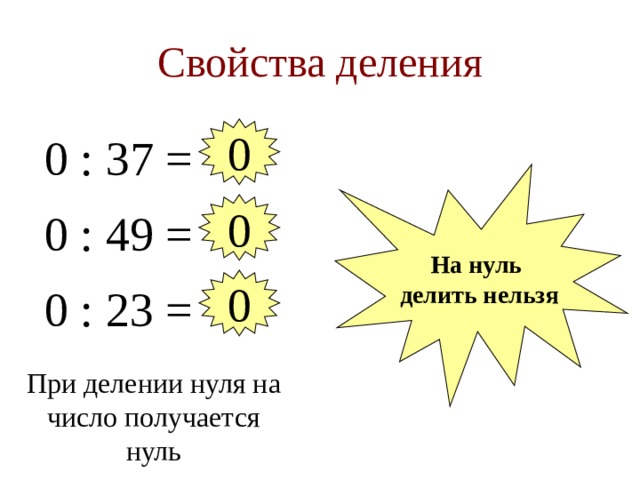 Свойства деления 0 0 : 37 = На нуль  делить нельзя 0 0 : 49 = 0 0 : 23 = При делении нуля на число получается нуль 