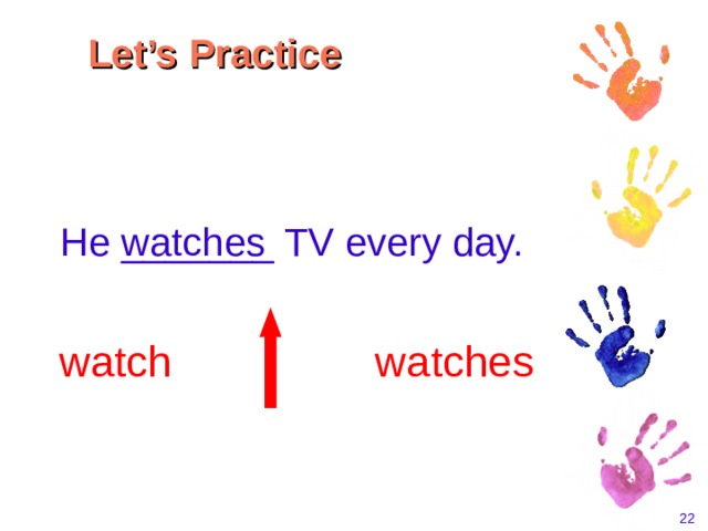 Let’s Practice watches  He _______ TV every day. watch watches    