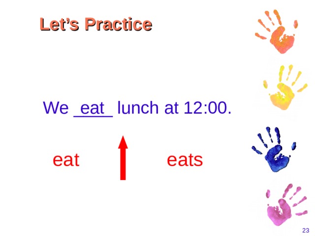 Let’s Practice  We ____ lunch at 12:00. eat eat eats    