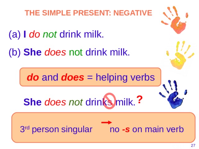 THE SIMPLE PRESENT: NEGATIVE  I  do  not drink milk.  She  does  not drink milk. do  and  does  = helping verbs ? She does not drink s milk.  3 rd person singular  no -s on main verb    