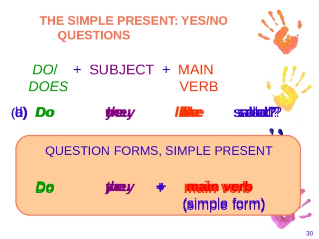 THE SIMPLE PRESENT: YES/NO QUESTIONS  DO / +  SUBJECT  +  MAIN  DOES     VERB ( b)  Do    you   like  salad? ( c)  Do    we  like  salad? ( d)  Do   they   like salad? ( a)  Do   I    like  salad? QUESTION  FORMS, SIMPLE PRESENT  Do   you    + main verb         (simple form)  Do   we    + main verb         (simple form)  Do   they    +   main verb        (simple form)  Do   I    +  main verb         (simple form)    