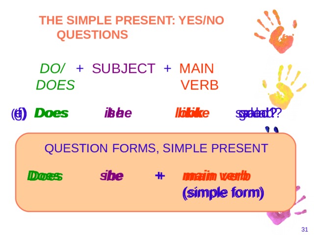 THE SIMPLE PRESENT: YES/NO QUESTIONS  DO/   +  SUBJECT  +  MAIN  DOES     VERB ( f)  Does   he  like  salad? ( g)  Does    it   look  good? ( e)  Does  she    like  salad? QUESTION  FORMS, SIMPLE PRESENT  Does   it    +  main verb         (simple form)  Does   she    +   main verb         (simple form)  Does  he    +  main verb         (simple form)    