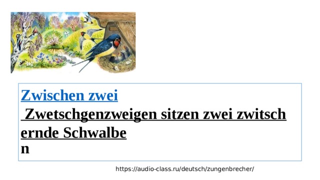 Zwischen zw ei Zwetschgenzweigen sitzen zwei zwitschernde Schwalbe n  https://audio-class.ru/deutsch/zungenbrecher/ 