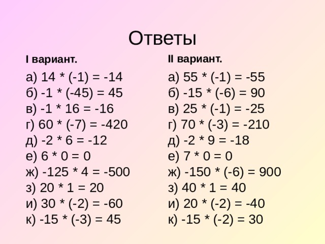 Ответы II вариант. I вариант. а) 14 * (-1) = -14  б) -1 * (-45) = 45  в) -1 * 16 = -16  г) 60 * (-7) = -420  д) -2 * 6 = -12  е) 6 * 0 = 0  ж) -125 * 4 = -500  з) 20 * 1 = 20  и) 30 * (-2) = -60  к) -15 * (-3) = 45   а) 55 * (-1) = -55  б) -15 * (-6) = 90  в) 25 * (-1) = -25  г) 70 * (-3) = -210  д) -2 * 9 = -18  е) 7 * 0 = 0  ж) -150 * (-6) = 900  з) 40 * 1 = 40  и) 20 * (-2) = -40  к) -15 * (-2) = 30   
