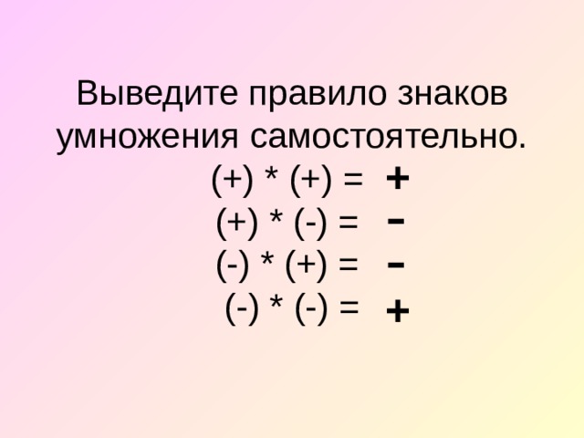Выведите правило знаков умножения самостоятельно.  (+) * (+) =  (+) * (-) =  (-) * (+) =  (-) * (-) =   + - - + 