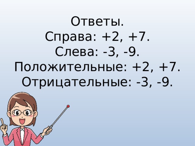 Ответы.  Справа: +2, +7.  Слева: -3, -9.  Положительные: +2, +7.  Отрицательные: -3, -9. 