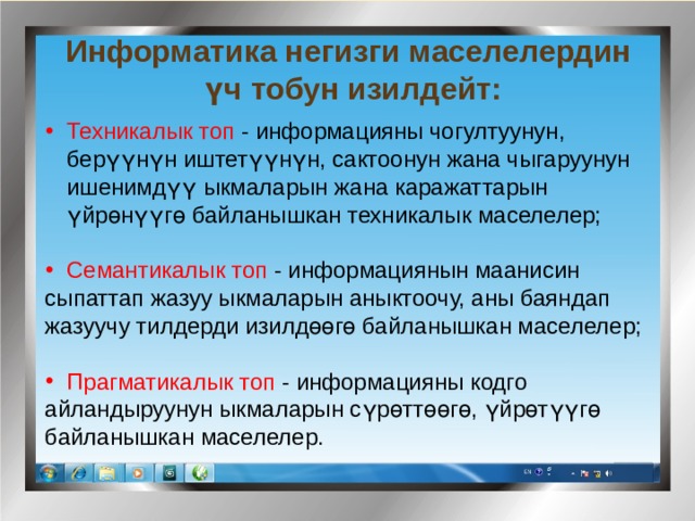 Информатика негизги маселелердин үч тобун изилдейт: Техникалык топ -  информацияны чогултуунун, берүүнүн иштетүүнүн, сактоонун жана чыгаруунун ишенимдүү ыкмаларын жана каражаттарын үйрөнүүгө байланышкан техникалык маселелер; Семантикалык топ - информациянын маанисин сыпаттап жазуу ыкмаларын аныктоочу, аны баяндап жазуучу тилдерди изилдөөгө байланышкан маселелер; Прагматикалык топ - информацияны кодго айландыруунун ыкмаларын сүрөттөөгө, үйрөтүүгө байланышкан маселелер. 