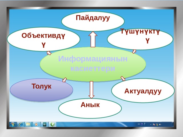 Пайдалуу   Объективдүү Түшүнүктүү Информациянын касиеттери Толук Актуалдуу Анык 