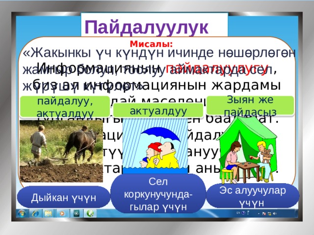 Пайдалуулук Мисалы: Информациянын пайдалуулугу , биз ал информациянын жардамы менен кандай маселени чече ала тургандыгыбыз менен бааланат. Информациянын пайдалуулугу конкреттүү пайдалануучунун зарылдыктары менен аныкталат. «Жакынкы үч күндүн ичинде нөшөрлөгөн жамгыр болуп, тоолуу аймактарда сел жүрүшү күтүлөт» пайдалуу, актуалдуу Зыян же пайдасыз актуалдуу Сел коркунучунда-гылар үчүн Эс алуучулар үчүн Дыйкан үчүн 