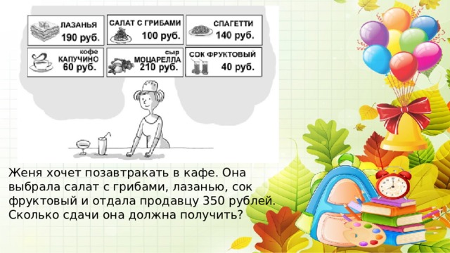 Женя хочет позавтракать в кафе. Она выбрала салат с грибами, лазанью, сок фруктовый и отдала продавцу 350 рублей. Сколько сдачи она должна получить? 