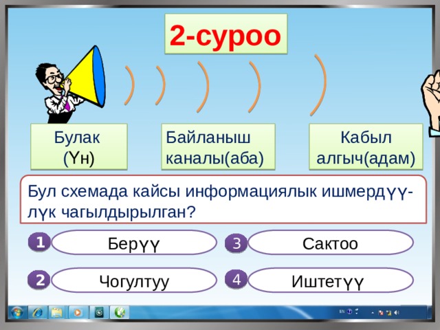 2-суроо Кабыл алгыч(адам) Байланыш каналы(аба) Булак ( Үн) Бул схемада кайсы информациялык ишмердүү-лүк чагылдырылган? Берүү Сактоо 1  3 Иштетүү Чогултуу 4 2 