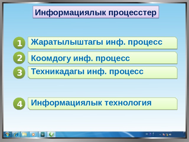 Информациялык процесстер 1 Жаратылыштагы инф. процесс Коомдогу инф. процесс 2 3 Техникадагы инф. процесс 4 Информациялык технология 