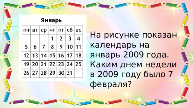 На рисунке показан календарь на январь 2009 года. Каким днем недели в 2009 году было 7 февраля? 