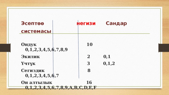 Эсептөө негизи Сандар системасы  Ондук 10 0,1,2,3,4,5,6,7,8,9 Экилик 2 0,1 Үчтүк 3 0,1,2 Сегиздик 8 0,1,2,3,4,5,6,7 Он алтылык 16 0,1,2,3,4,5,6,7,8,9,A,B,C,D,E,F 