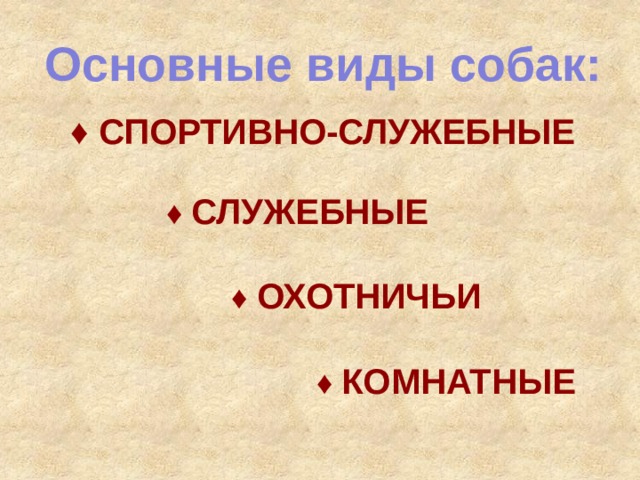 Основные виды собак: ♦ СПОРТИВНО-СЛУЖЕБНЫЕ ♦ СЛУЖЕБНЫЕ ♦ ОХОТНИЧЬИ ♦ КОМНАТНЫЕ