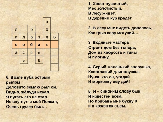 1. Хвост пушистый, Мех золотистый, В лесу живёт, В деревне кур крадёт  2. В лесу мне видеть довелось, Как грыз кору могучий…  3. Водяные мастера Строят дом без топора, Дом из хвороста и тины И плотину.    4. Серый маленький зверушка, Косоглазый длинноушка. Ну-ка, кто он, угадай И морковку ему дай!  5. Я – синоним слову бык И известен всем, Но прибавь мне букву К и я козляток съем. в л о б л з и 6 л о с о б а к я р а с ь ц 6. Возле дуба острым рылом Деловито землю рыл он. Видно, жёлуди искал. Я пугать его не стал. Не спугнул и мой Полкан, Очень грузен был…