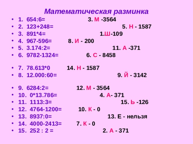 Математическая разминка 1 .  654:6= 3. М -3564 2.  123+248= 5. Н - 1587 3.  891*4= 1. Ш -109 4.  967-596= 8. И - 200 5.  3.174:2= 11. А -371 6.  9782-1324= 6. С - 8458 7.  78.613*0 14. Н - 1587 8.  12.000:60= 9. Й - 3142 9.  6284:2= 12. М - 3564 10.  0*13.786= 4. А - 371 11.  1113:3= 15. Ь -126 12.  4764-1200= 10. К - 0 13.  8937:0= 13. Е - нельзя 14.  4000-2413= 7. К - 0 15.  252 : 2 = 2. А - 371     