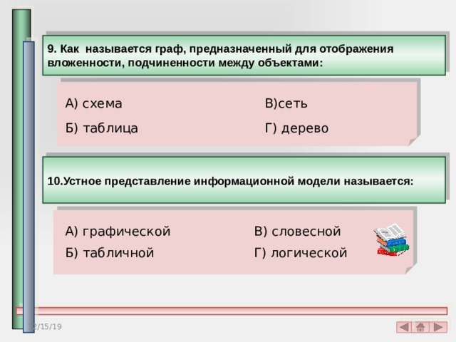 9. Как называется граф, предназначенный для отображения вложенности, подчиненности между объектами: А) схема В)сеть Б) таблица Г) дерево 10.Устное представление информационной модели называется: А) графической В) словесной Б) табличной Г) логической 12/15/19 