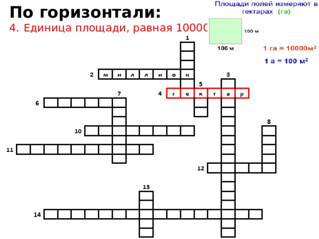 По горизонтали: 4.   Единица площади, равная 10000 м 2 