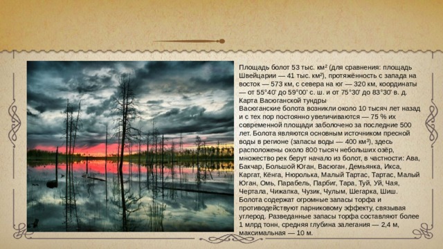 Площадь болот 53 тыс. км² (для сравнения: площадь Швейцарии — 41 тыс. км²), протяжённость с запада на восток — 573 км, с севера на юг — 320 км, координаты — от 55°40' до 59°00' с. ш. и от 75°30' до 83°30' в. д. Карта Васюганской тундры Васюганские болота возникли около 10 тысяч лет назад и с тех пор постоянно увеличиваются — 75 % их современной площади заболочено за последние 500 лет. Болота являются основным источником пресной воды в регионе (запасы воды — 400 км³), здесь расположены около 800 тысяч небольших озёр, множество рек берут начало из болот, в частности: Ава, Бакчар, Большой Юган, Васюган, Демьянка, Икса, Каргат, Кёнга, Нюролька, Малый Тартас, Тартас, Малый Юган, Омь, Парабель, Парбиг, Тара, Туй, Уй, Чая, Чертала, Чижапка, Чузик, Чулым, Шегарка, Шиш. Болота содержат огромные запасы торфа и противодействуют парниковому эффекту, связывая углерод. Разведанные запасы торфа составляют более 1 млрд тонн, средняя глубина залегания — 2,4 м, максимальная — 10 м. 
