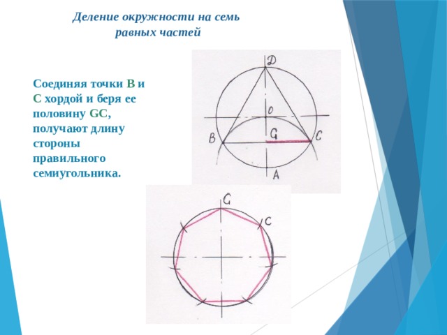 Деление окружности на семь  равных частей Соединяя точки В и С хордой и беря ее половину GC , получают длину стороны правильного семиугольника. 