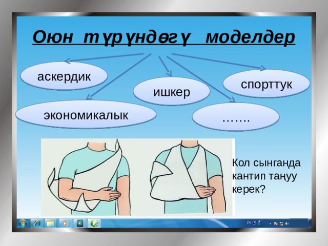 Оюн түрүндөгү моделдер аскердик спорттук ишкер экономикалык …… . Кол сынганда кантип таңуу керек? 