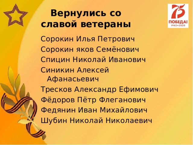 Вернулись со славой ветераны Сорокин Илья Петрович Сорокин яков Семёнович Спицин Николай Иванович Синикин Алексей Афанасьевич Тресков Александр Ефимович Фёдоров Пётр Флеганович Федянин Иван Михайлович Шубин Николай Николаевич 