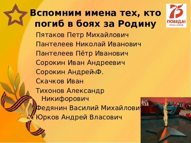 Вспомним имена тех, кто погиб в боях за Родину Пятаков Петр Михайлович Пантелеев Николай Иванович Пантелеев Пётр Иванович Сорокин Иван Андреевич Сорокин Андрей Ф. Скачков Иван Тихонов Александр Никифорович Федянин Василий Михайлович Юрков Андрей Власович 