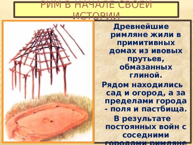 Рим в начале своей истории Древнейшие римляне жили в примитивных домах из ивовых прутьев, обмазанных глиной. Рядом находились сад и огород, а за пределами города - поля и пастбища. В результате постоянных войн с соседними городами римляне расширяли подвластную территорию 11 