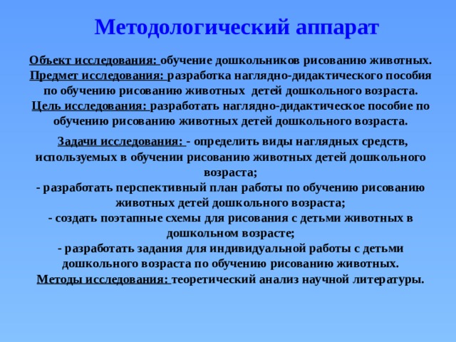 Методологический аппарат Объект исследования: обучение дошкольников рисованию животных. Предмет исследования: разработка наглядно-дидактического пособия по обучению рисованию животных детей дошкольного возраста. Цель исследования: разработать наглядно-дидактическое пособие по обучению рисованию животных детей дошкольного возраста.  Задачи исследования: - определить виды наглядных средств, используемых в обучении рисованию животных детей дошкольного возраста; - разработать перспективный план работы по обучению рисованию животных детей дошкольного возраста; - создать поэтапные схемы для рисования с детьми животных в дошкольном возрасте; - разработать задания для индивидуальной работы с детьми дошкольного возраста по обучению рисованию животных. Методы исследования: теоретический анализ научной литературы.  