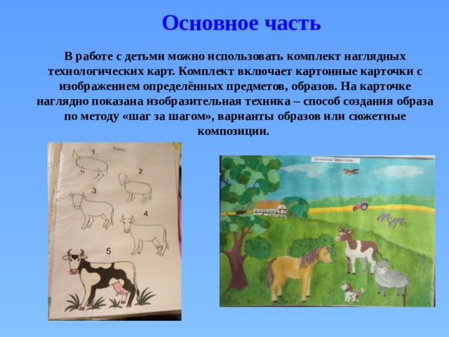Основное часть В работе с детьми можно использовать комплект наглядных технологических карт. Комплект включает картонные карточки с изображением определённых предметов, образов. На карточке наглядно показана изобразительная техника – способ создания образа по методу «шаг за шагом», варианты образов или сюжетные композиции.  