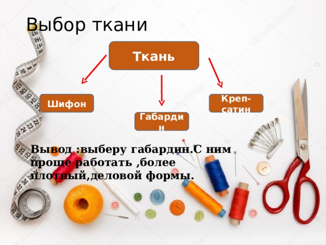 Выбор ткани Ткань Шифон Креп-сатин Габардин Вывод :выберу габардин.С ним проще работать ,более плотный,деловой формы. 