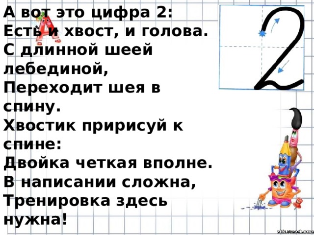 А вот это цифра 2: Есть и хвост, и голова. С длинной шеей лебединой, Переходит шея в спину. Хвостик пририсуй к спине: Двойка четкая вполне. В написании сложна, Тренировка здесь нужна! 