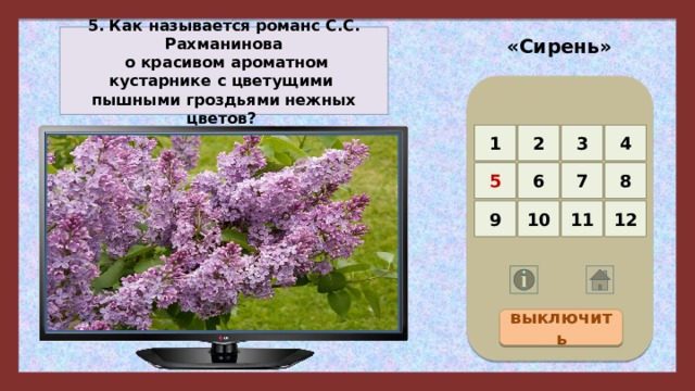 «Сирень» 5. Как называется романс С.С. Рахманинова  о красивом ароматном кустарнике с цветущими пышными гроздьями нежных цветов? 4 3 2 1 5 8 7 6 12 11 10 9 выключить 