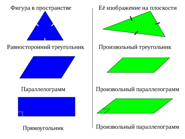 Её изображение на плоскости Фигура в пространстве Равносторонний треугольник Произвольный треугольник Произвольный параллелограмм Параллелограмм Произвольный параллелограмм Прямоугольник 