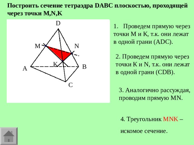 Построить сечение тетраэдра DABC плоскостью, проходящей через точки M , N , K D D Проведем прямую через точки М и К, т.к. они лежат в одной грани (А DC ). M N 2. Проведем прямую через точки К и N , т.к. они лежат в одной грани (С DB ). K B A B A C C 3. Аналогично рассуждая, проводим прямую MN . 4. Треугольник MNK – искомое сечение. 