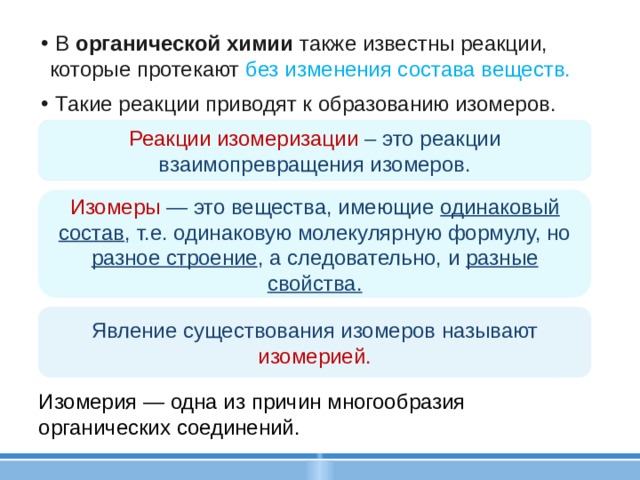  В органической химии также известны реакции, которые протекают без изменения состава веществ.  Такие реакции приводят к образованию изомеров. Реакции изомеризации – это реакции взаимопревращения изомеров. Изомеры — это вещества, имеющие одинаковый  состав , т.е. одинаковую молекулярную формулу, но разное строение , а следовательно, и разные свойства. Явление существования изомеров называют изомерией. Изомерия — одна из причин многообразия органических соединений. 