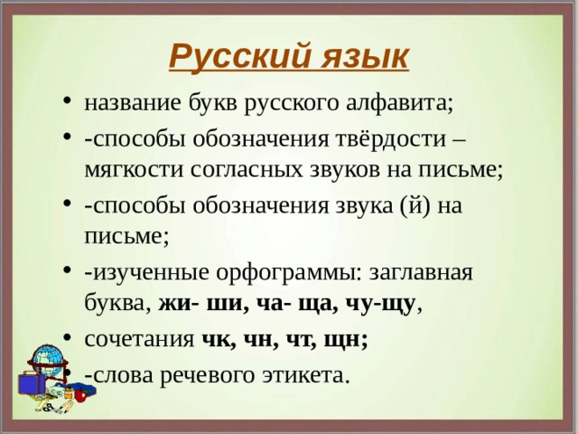 Русский язык название букв русского алфавита; -способы обозначения твёрдости –мягкости согласных звуков на письме; -способы обозначения звука (й) на письме; -изученные орфограммы: заглавная буква, жи- ши, ча- ща, чу-щу , сочетания чк, чн, чт, щн; -слова речевого этикета. 
