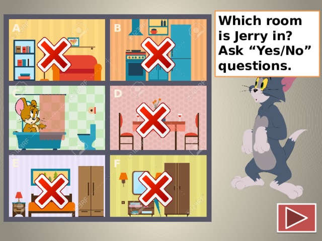 Which room is Jerry in? Ask “Yes/No” questions. B A C D E F 