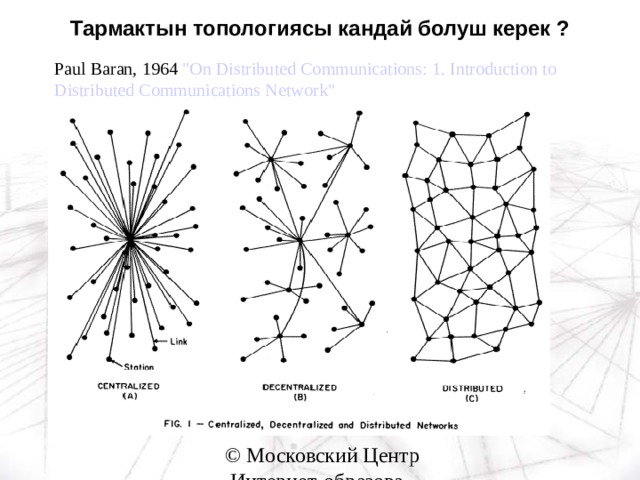 Тармактын топологиясы кандай болуш керек ?   Paul Baran, 1964 
