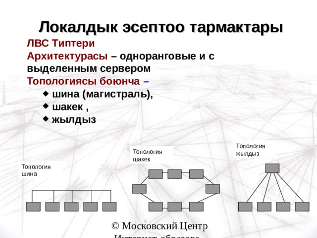 Локалдык эсептоо тармактары   ЛВС Типтери Архитектурасы  – одноранговые и с выделенным сервером Топологиясы боюнча –  шина (магистраль),  шакек ,  жылдыз  шина (магистраль),  шакек ,  жылдыз Топология жылдыз Топология шакек Локальные вычислительные сети Топология шина 
