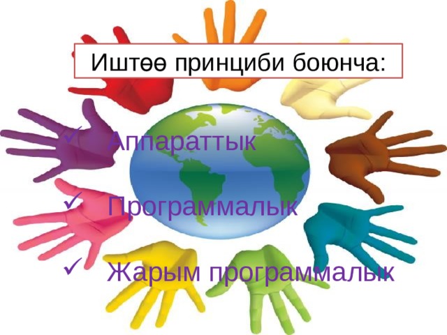 Иштөө принциби боюнча:  Аппараттык  Программалык  Жарым программалык 