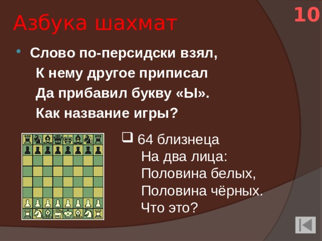 10 Азбука шахмат Слово по-персидски взял,  К нему другое приписал  Да прибавил букву «Ы».  Как название игры? 64 близнеца  На два лица:  Половина белых,  Половина чёрных.  Что это? 