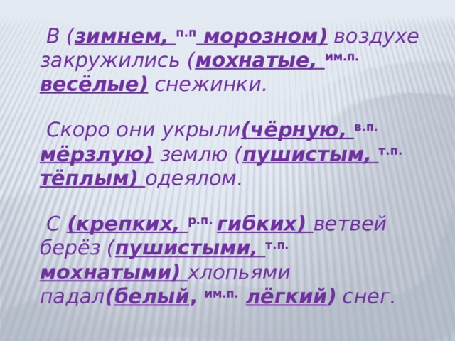  В ( зимнем, п.п морозном) воздухе закружились ( мохнатые, им.п. весёлые) снежинки.  Скоро они укрыли (чёрную, в.п. мёрзлую) землю ( пушистым, т.п. тёплым) одеялом.  С (крепких, р.п. гибких) ветвей берёз ( пушистыми, т.п. мохнатыми) хлопьями падал ( белый , им.п .  лёгкий ) снег. 