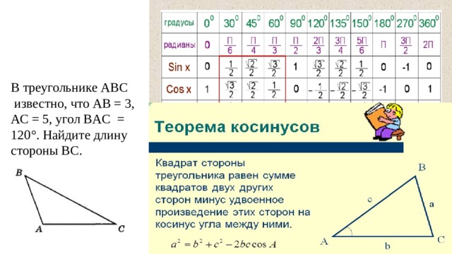 В треугольнике ABC  известно, что АВ = 3, АС = 5, угол BAC  = 120°. Найдите длину стороны ВС. 