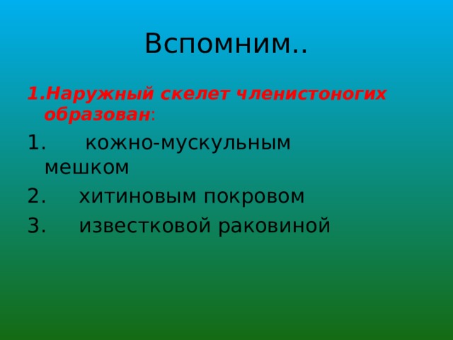 Вспомним.. 1.Наружный скелет членистоногих образован :  кожно-мускульным мешком  хитиновым покровом  известковой раковиной 