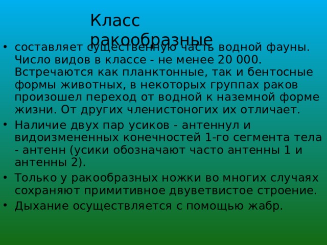 Класс ракообразные составляет существенную часть водной фауны. Число видов в классе - не менее 20 000. Встречаются как планктонные, так и бентосные формы животных, в некоторых группах раков произошел переход от водной к наземной форме жизни. От других членистоногих их отличает. Наличие двух пар усиков - антеннул и видоизмененных конечностей 1-го сегмента тела - антенн (усики обозначают часто антенны 1 и антенны 2). Только у ракообразных ножки во многих случаях сохраняют примитивное двуветвистое строение. Дыхание осуществляется с помощью жабр.  