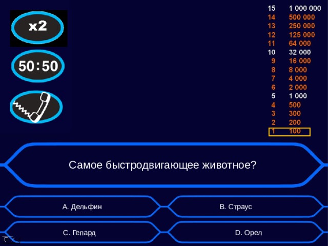 Самое быстродвигающее животное? B . Страус А. Дельфин D . Орел C . Гепард  