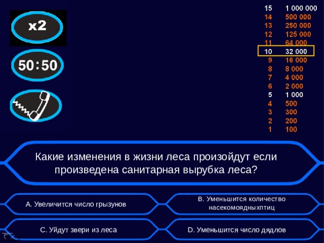 Какие изменения в жизни леса произойдут если произведена санитарная вырубка леса? B . Уменьшится количество насекомоядныхптиц А. Увеличится число грызунов D . Уменьшится число дядлов C . Уйдут звери из леса  