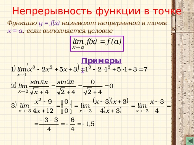 Непрерывность функции в точке Функцию y = f(x) называют непрерывной в точке x = a , если выполняется условие Примеры:  